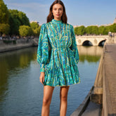 French Elegant Court Short StCollar Printing Contrast Color Ruffled